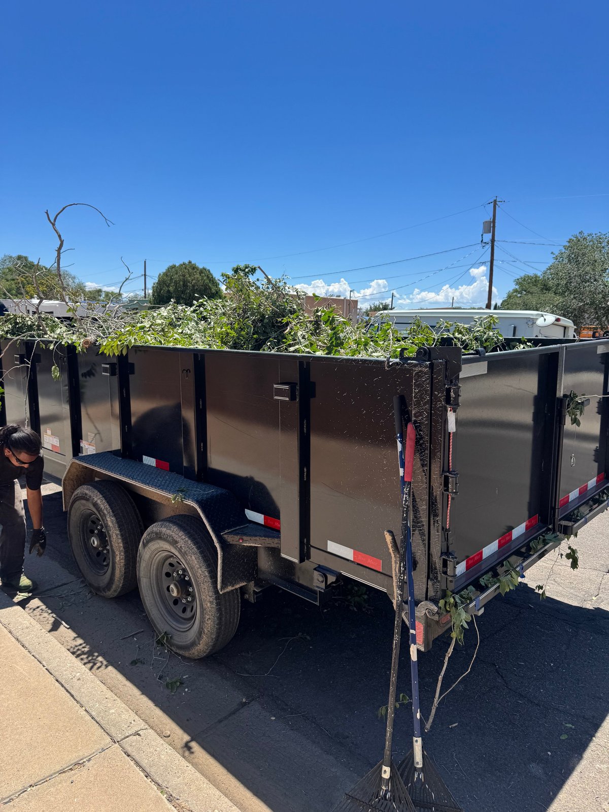 Enclosed black dual-axle cargo trailer parked on asphalt with residential area and clear blue sky in background